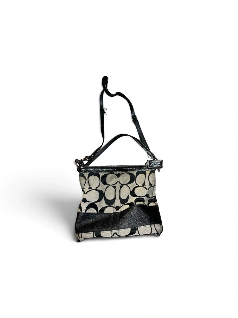 Coach Black and Beige Signature Canvas Crossbody with Leather Trim